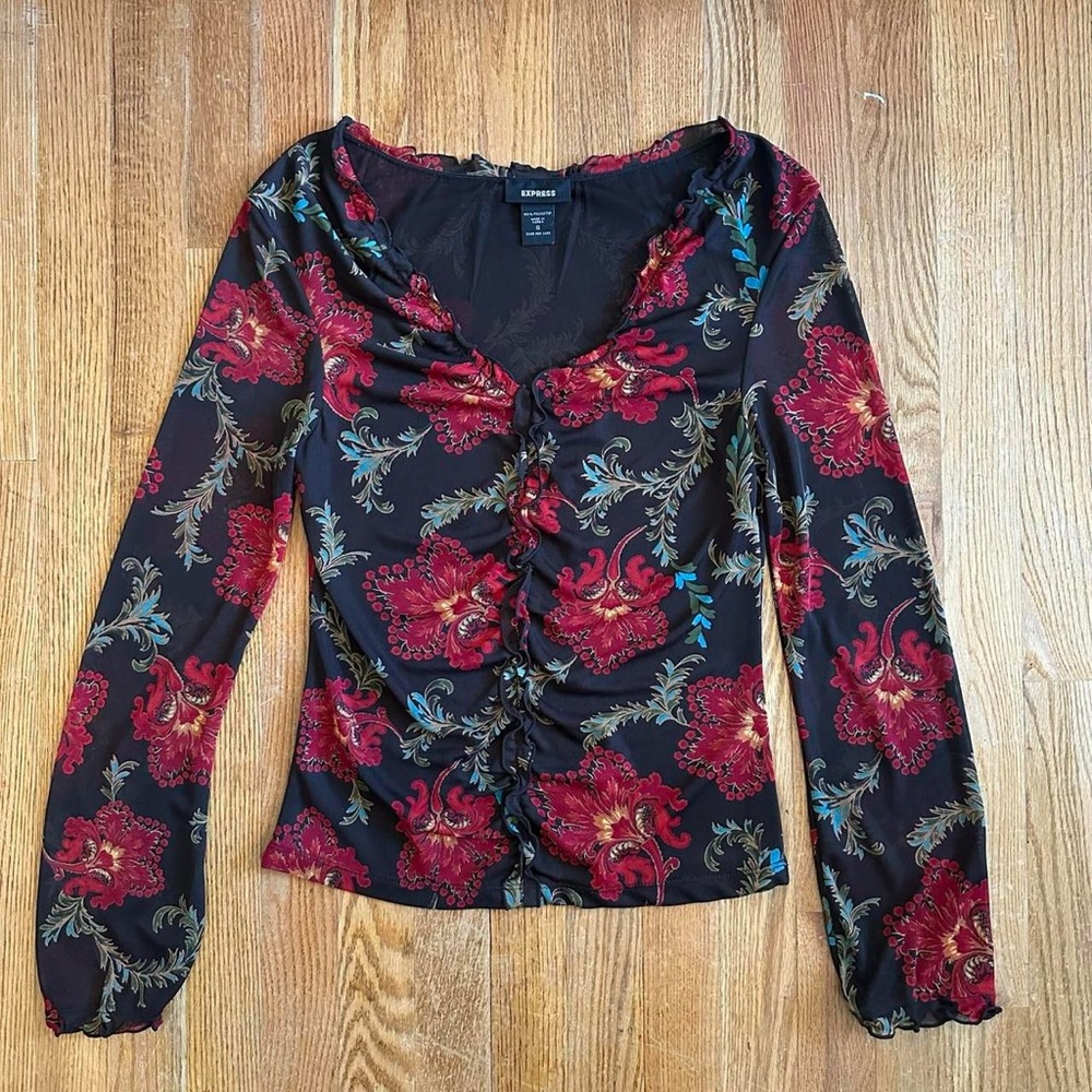 Express black and red floral top with ruffles and long sleeves
